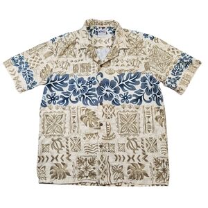 VTG Hawaiian Togs Made In Hawaii Mens Large Tan/Blue Floral Button Cotton Shirt